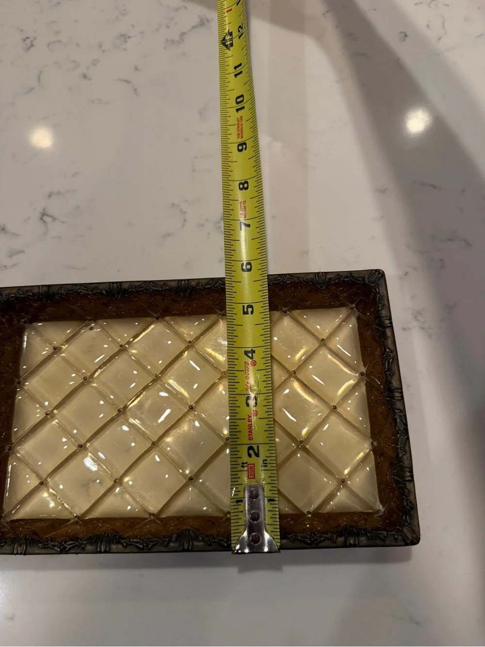 Vintage Amber Faux Glass Decorative Vanity Tray Brass Tone Filigree Catchall